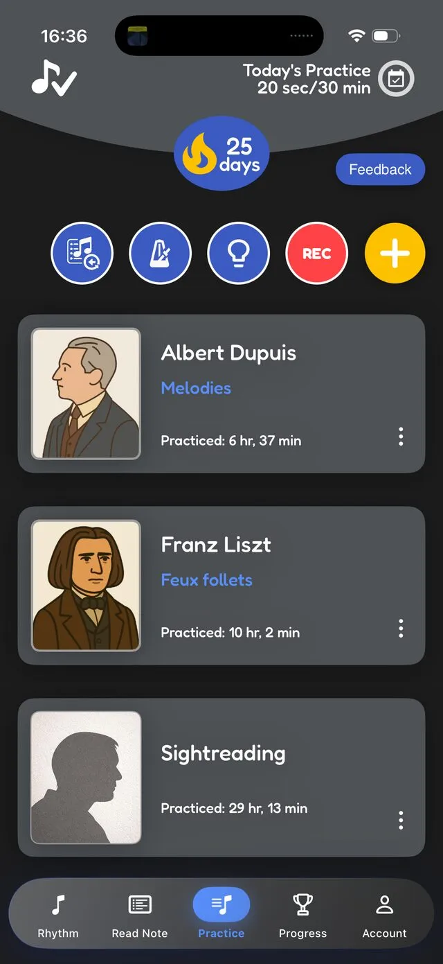 Go Practice Music home screen with repertoire and streak