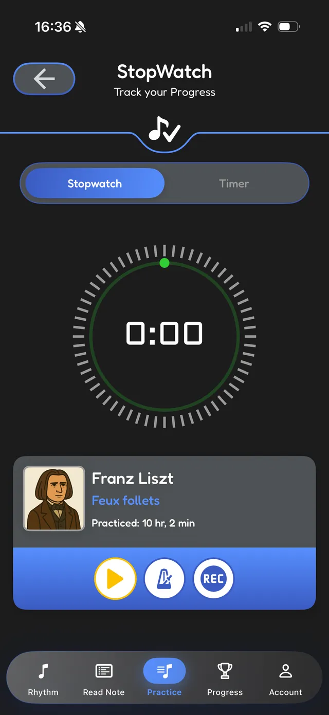 Stopwatch linked to a practice piece