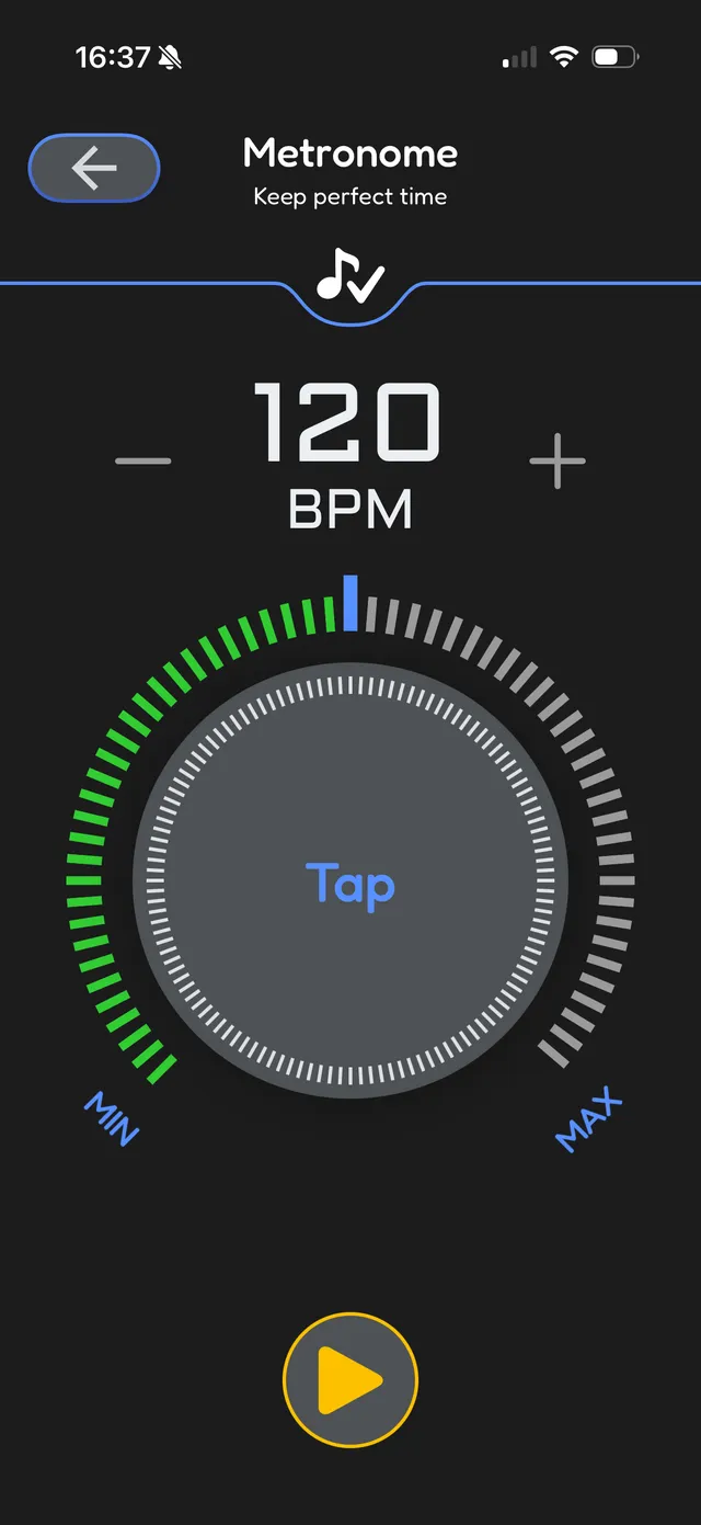 Metronome with tap tempo dial at 120 BPM