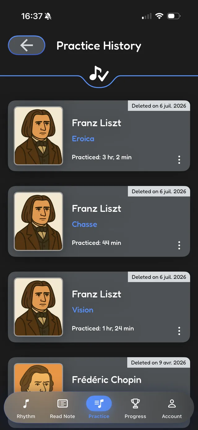 Practice history with accumulated time per piece