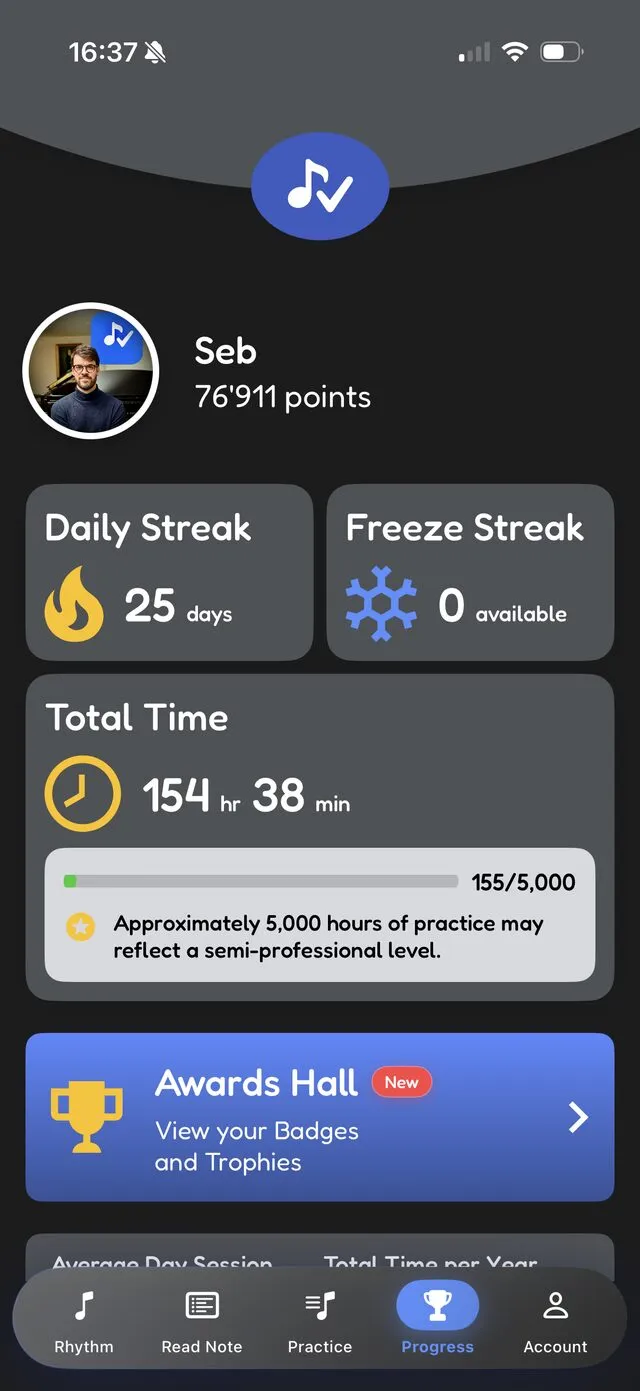 Progress dashboard with streak, total time and Awards Hall