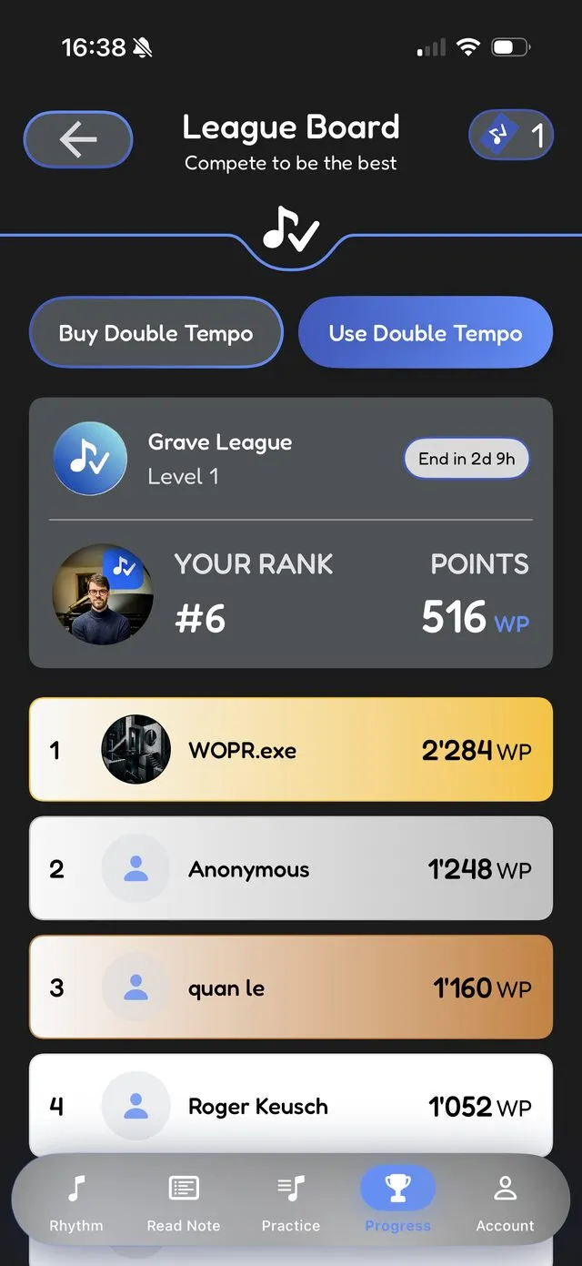 Weekly league board with rankings and points
