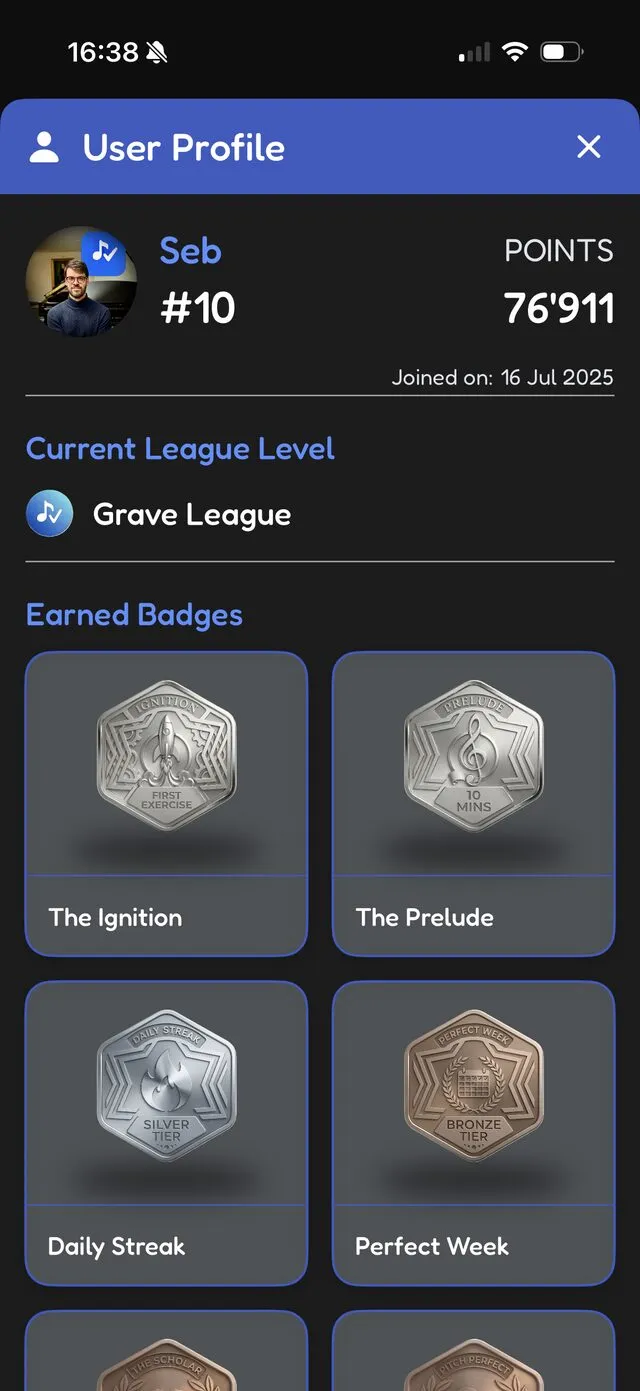 User profile with rank, points and earned badges