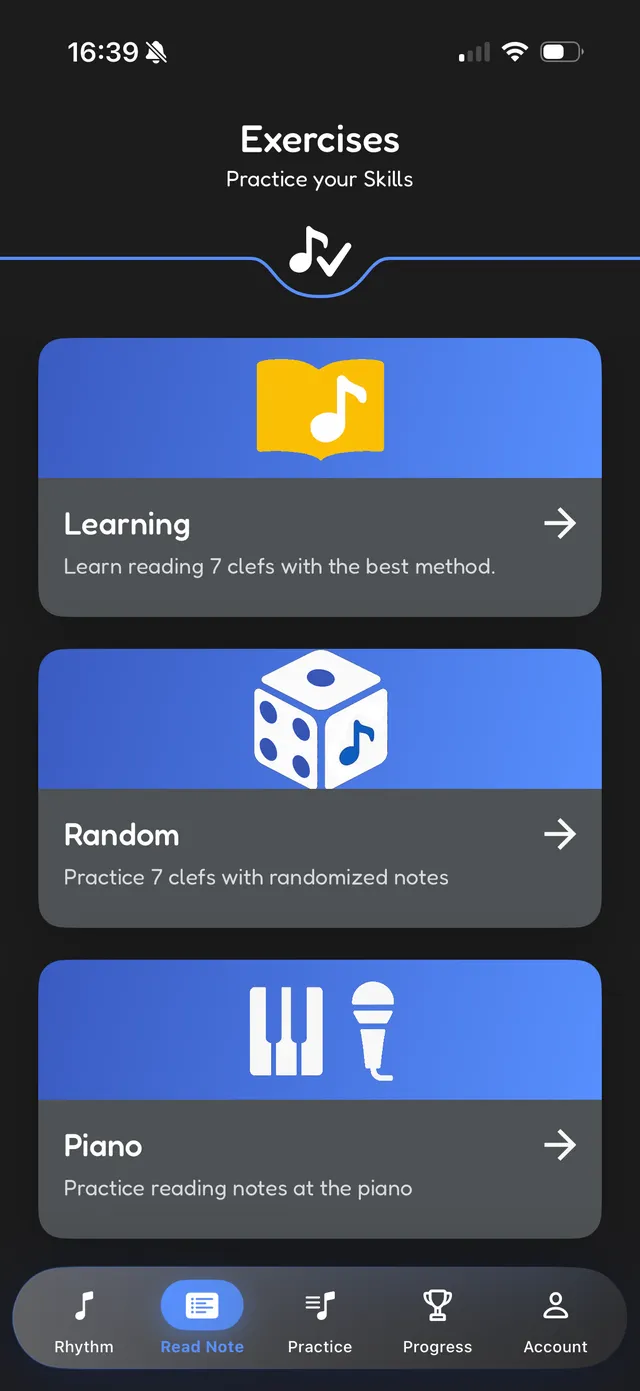 Exercises menu with Learning, Random and Piano modes