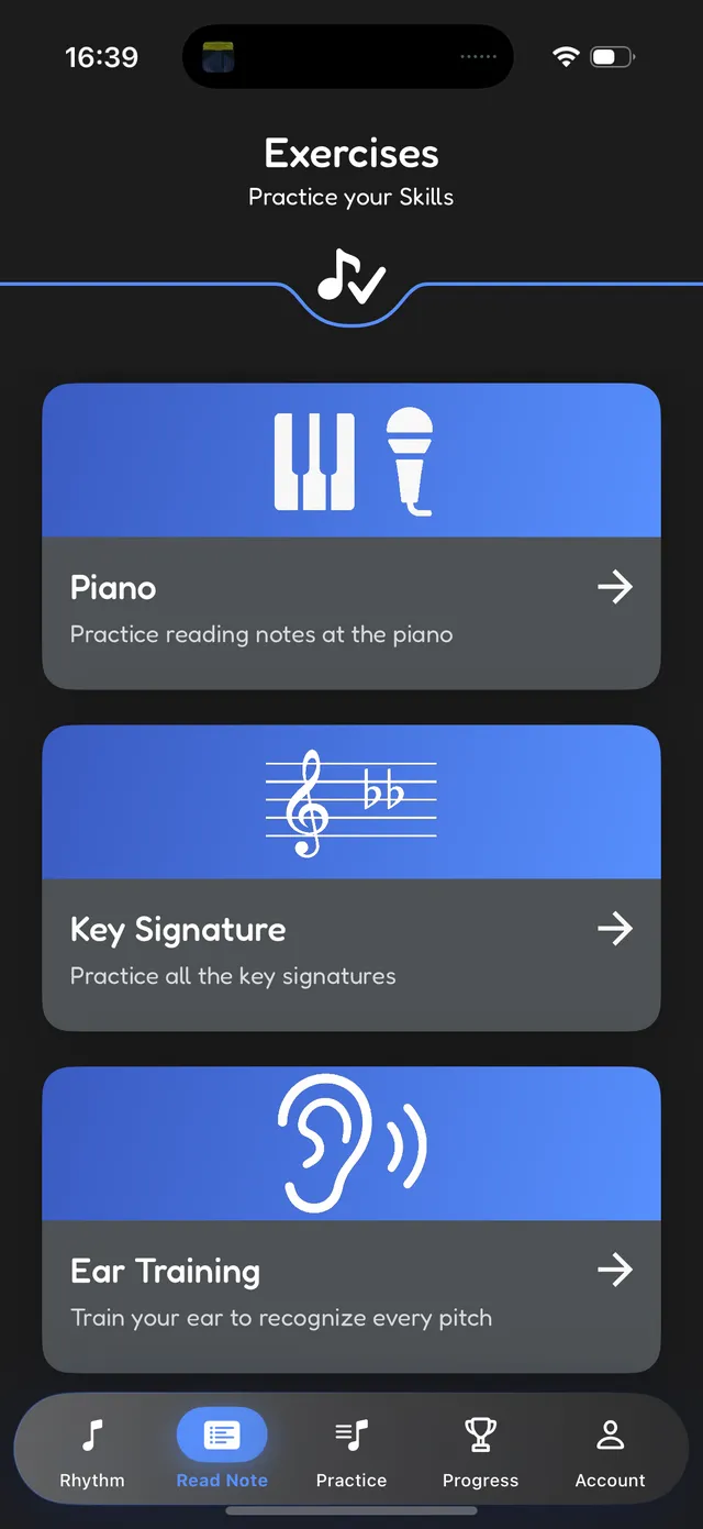 Exercises menu with Key Signature and Ear Training