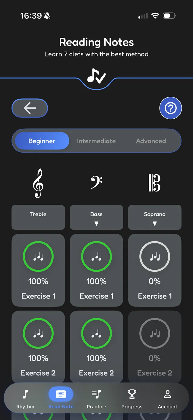 Reading notes levels with per-clef progress
