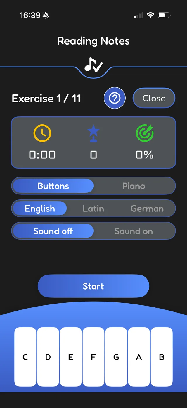 Exercise setup with input and language options