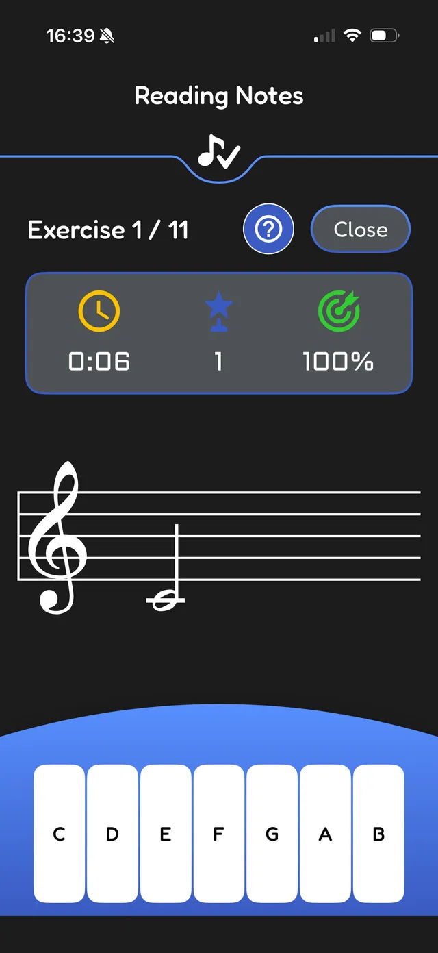Reading notes exercise at 100 percent accuracy