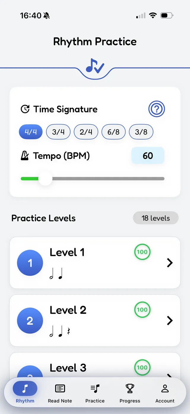 Rhythm practice with time signatures and levels