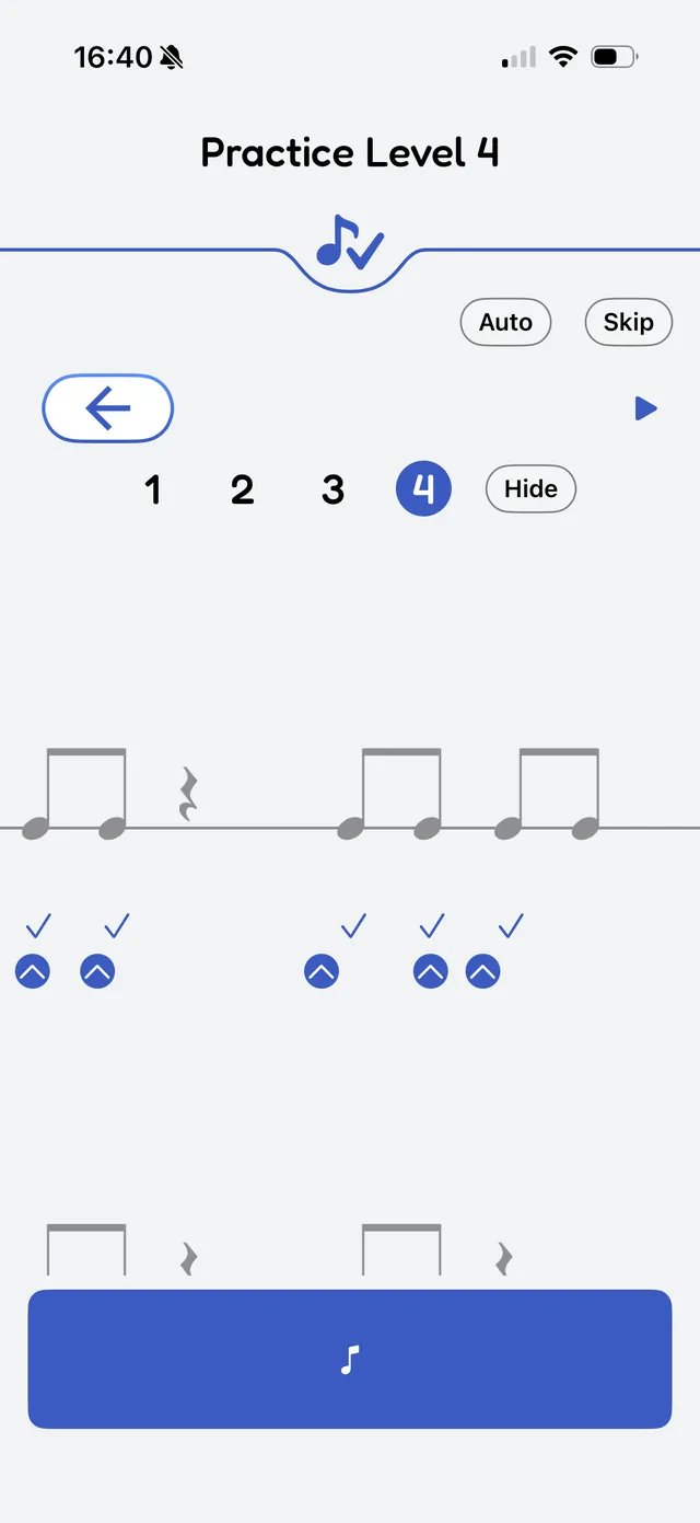 Rhythm level exercise with tap feedback