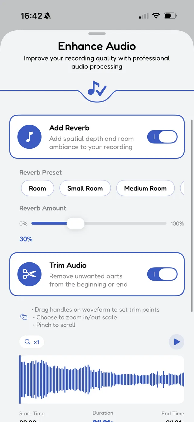 Audio enhancement with reverb and waveform trim
